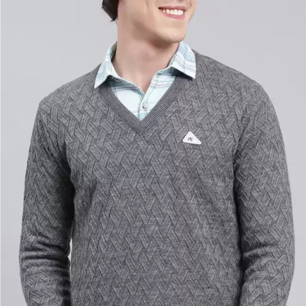 Monte Carlo Men Grey Self Design Wool blend Pullover